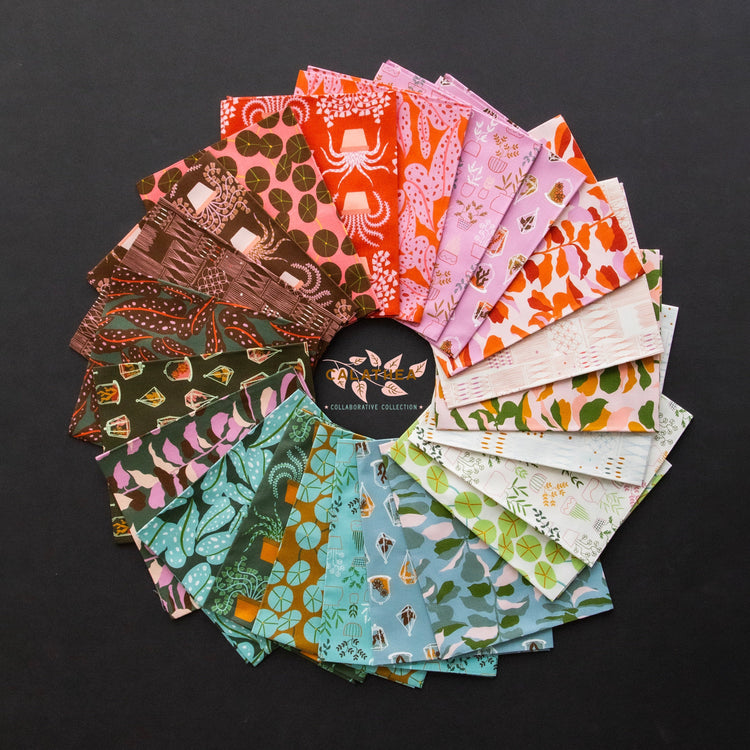 Ruby Star Society Calathea houseplants fabric collection on black background in reds, browns, green, cream and soft blue