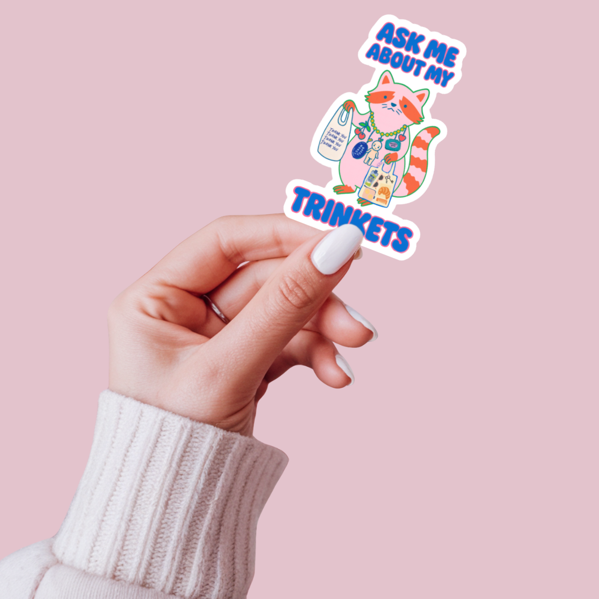 inviting affairs paperie - Ask Me About My Trinkets Sticker –Quirky Raccoon Collectible
