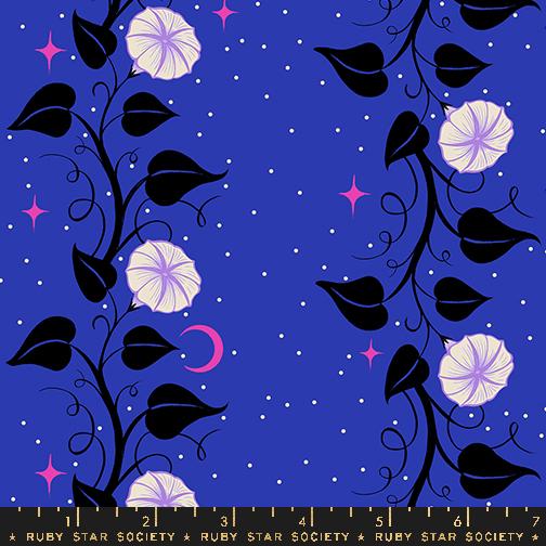 Ruby Star Society vine pattern with black leaves and white flowers on a blue background with pink stars