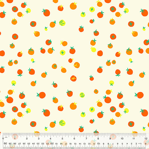 Heather Ross Country Mouse Cherry Tomatoes in Tangerine. Cherry tomatoes on white