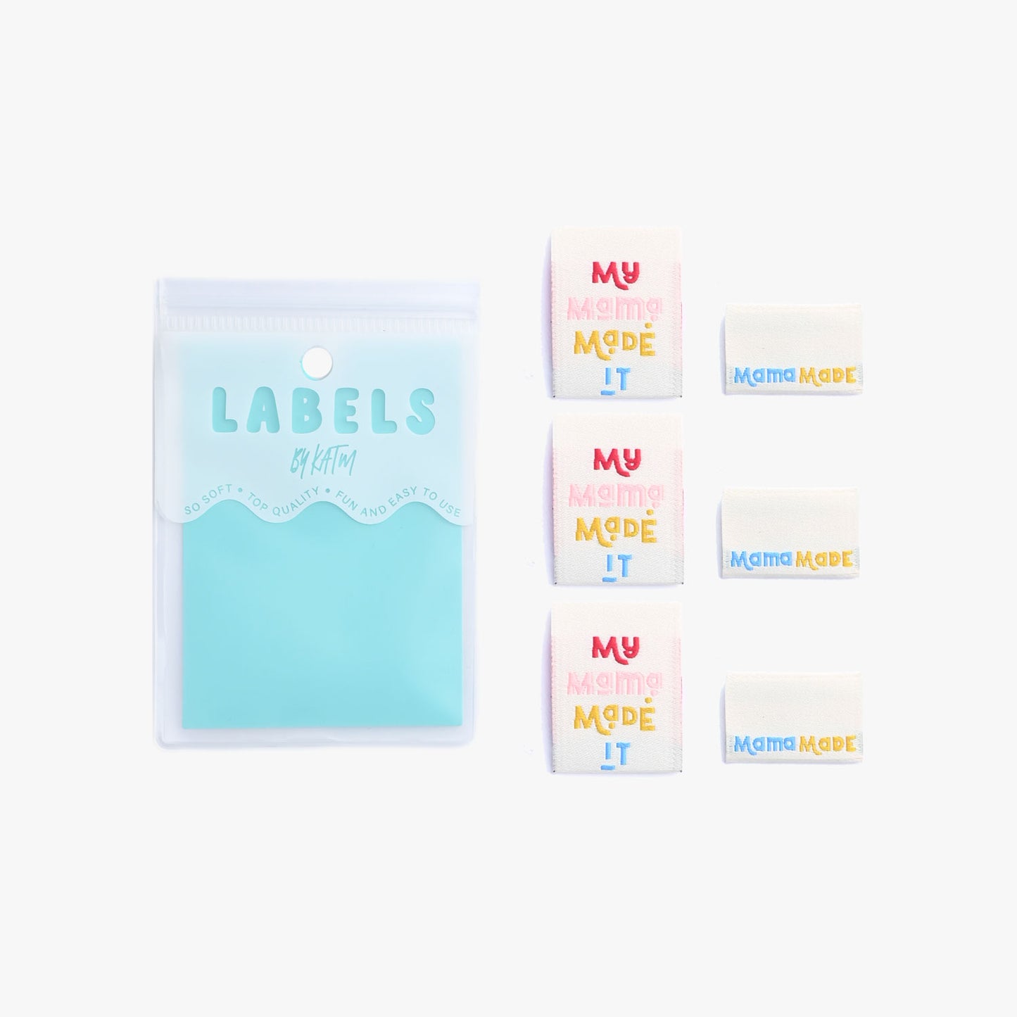 KATM My Mama Made It Woven Sewing Labels next to packaging