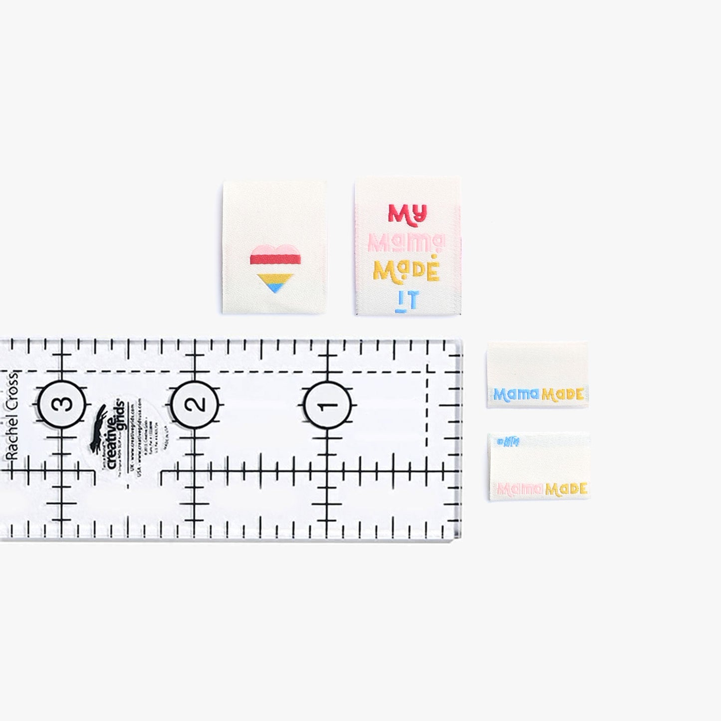 KATM My Mama Made It Woven Sewing Labels close up next to ruler