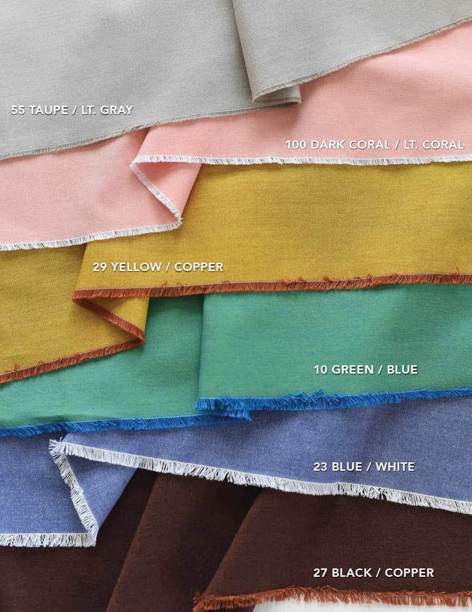 artisan cottons flatlay in taupe/lt gray, dark coral/lt coral, yellow/copper, green/blue, blue/white, and black/copper