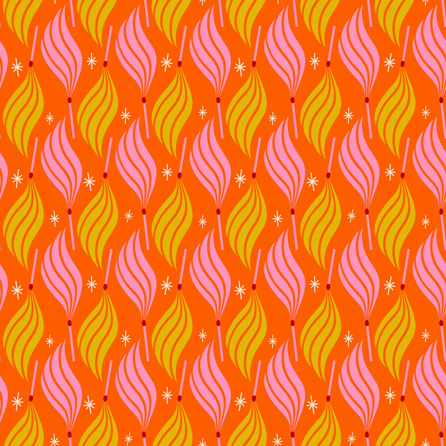 Fabric pattern of wavy flame lines coming from a match in pink and yellow on an orange background