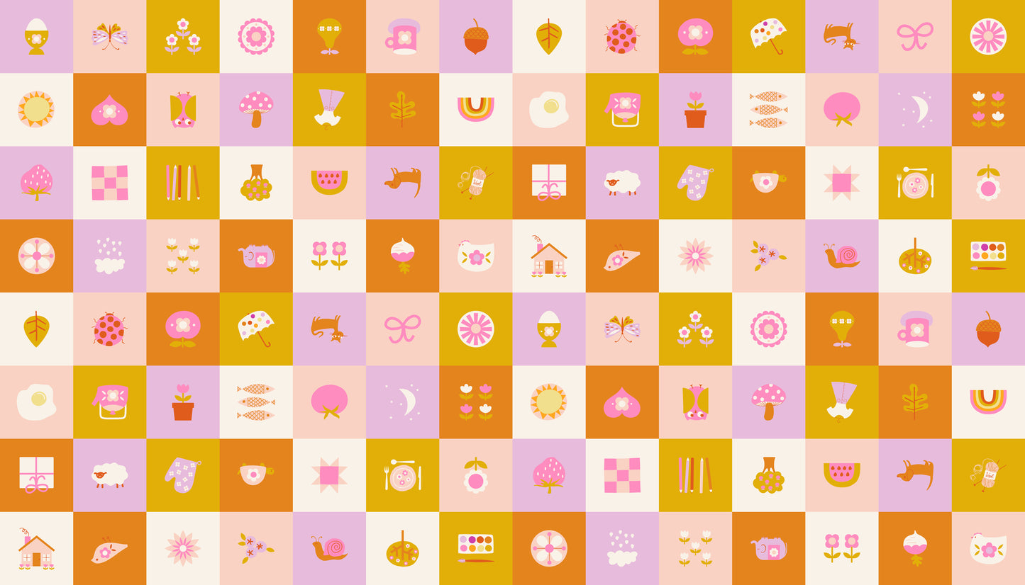 Ruby Star Society Picture Book Panel in Turmeric. Icons in squares including rainbows, dogs, snails, bows and flowers