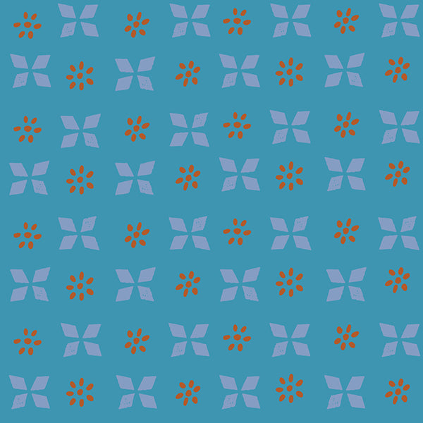 Ruby Star Sugar Maple Block Print in Vintage Blue. Blue and red print on bright blue