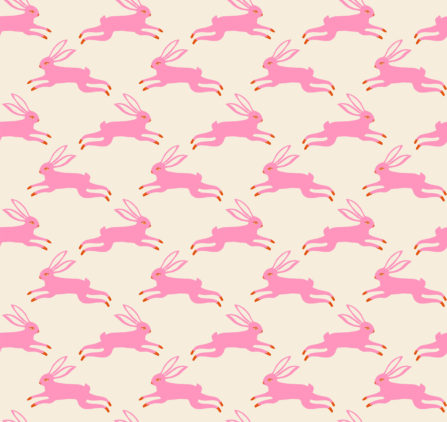 Ruby Star Society Backyard Bunny Run in Flamingo. Pink bunnies jumping on cream background.