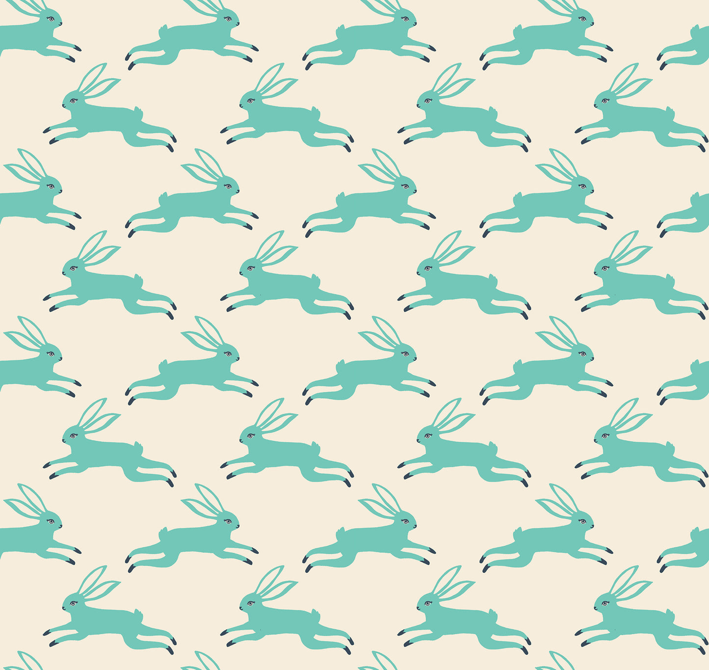 Ruby Star Society Bunny Run in Icebox. Teal bunnies jumping on cream background.