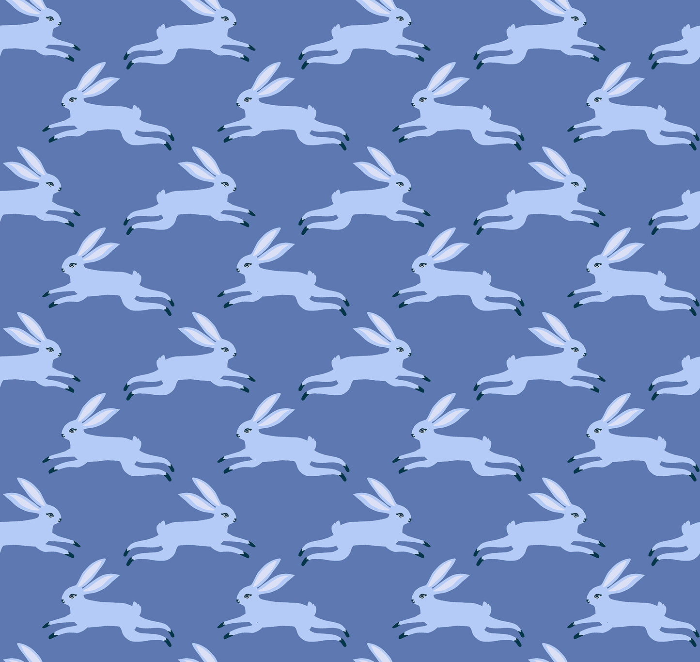 Ruby Star Backyard Bunny in Twilight. Light periwinkle bunnies jumping on dark periwinkle background.