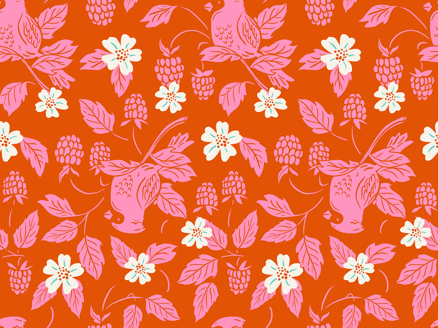 Ruby Star Society Backyard Cardinal in Fire. Large scale pink cardinals, raspberries and white flowers on red background.