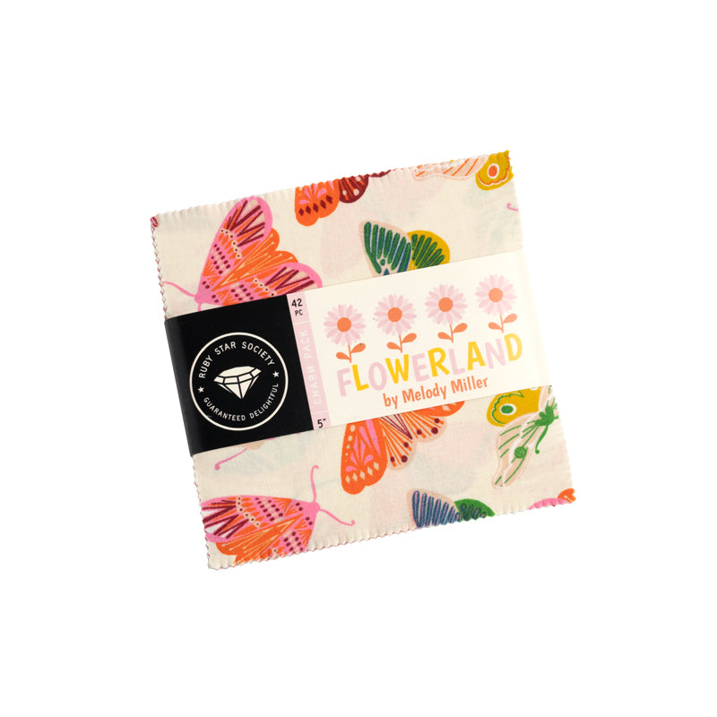 Ruby Star Society Flowerland fabric designed by Melody Miller. Flowerland charm pack 5" precut squares