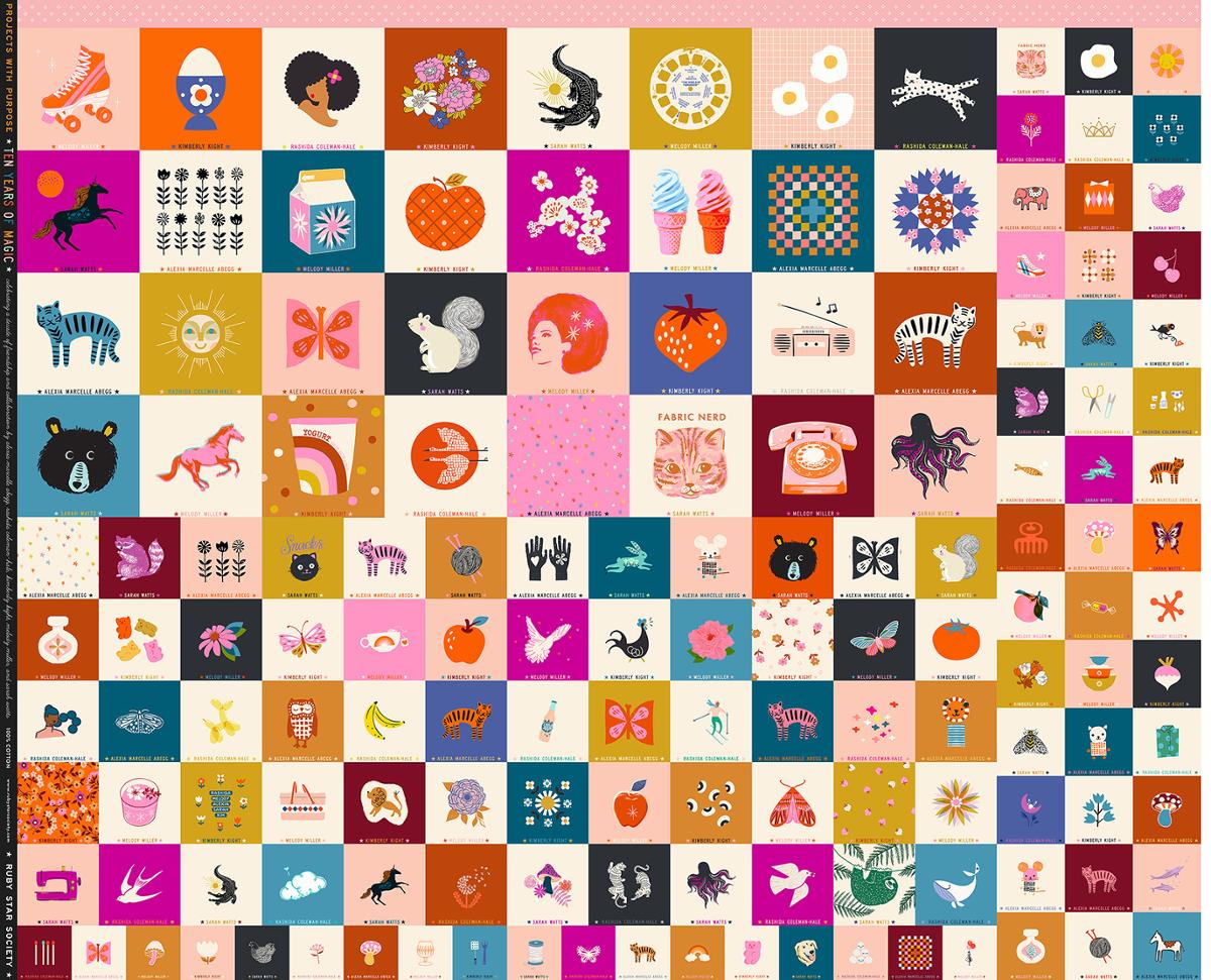 Ruby Star Society Ten Years of Magic Panel. Motifs by Melody Miller, Alexia Abegg, Rashida Coleman Hale, Kim Kight and Sarah Watts. Bears, florals, apples, phones, eggs and other iconic designs in fussy cut squares.