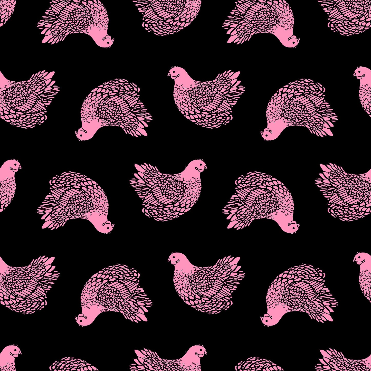 Ruby Star Society Backyard Chicken in Black. Pink hens on black background.