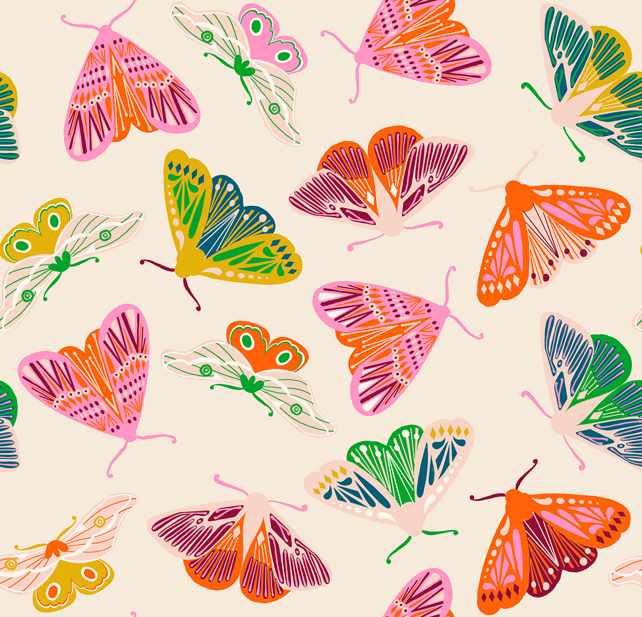 Ruby Star Society Flowerland Fluttering in Natural. Colorful butterflies on cream. Designed by Melody Miller for Moda Fabrics.