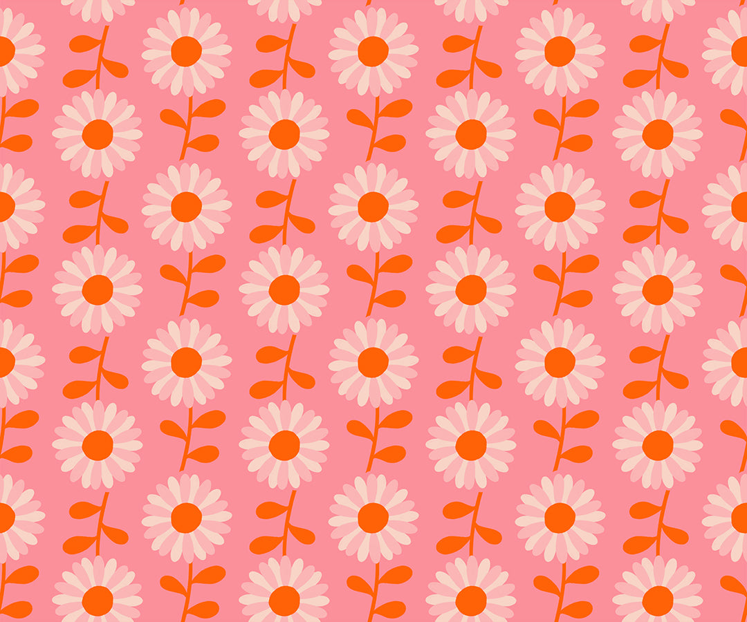 Ruby Star Society Flowerland Field of Flowers in Sorbet. Pink daisies with red stems on pink