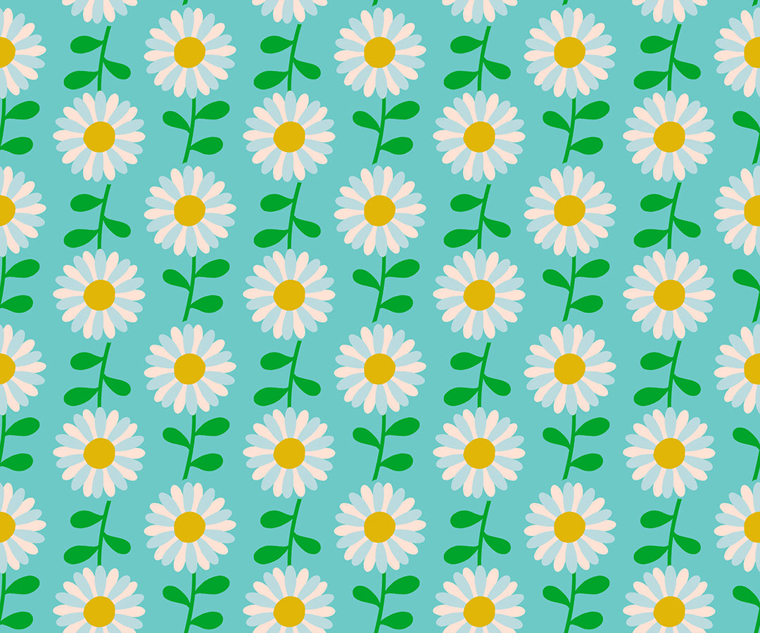 Ruby Star Society Flowerland Field of Flowers in turquoise. Daisies with white and blue petals in on a light blue background with green stems.