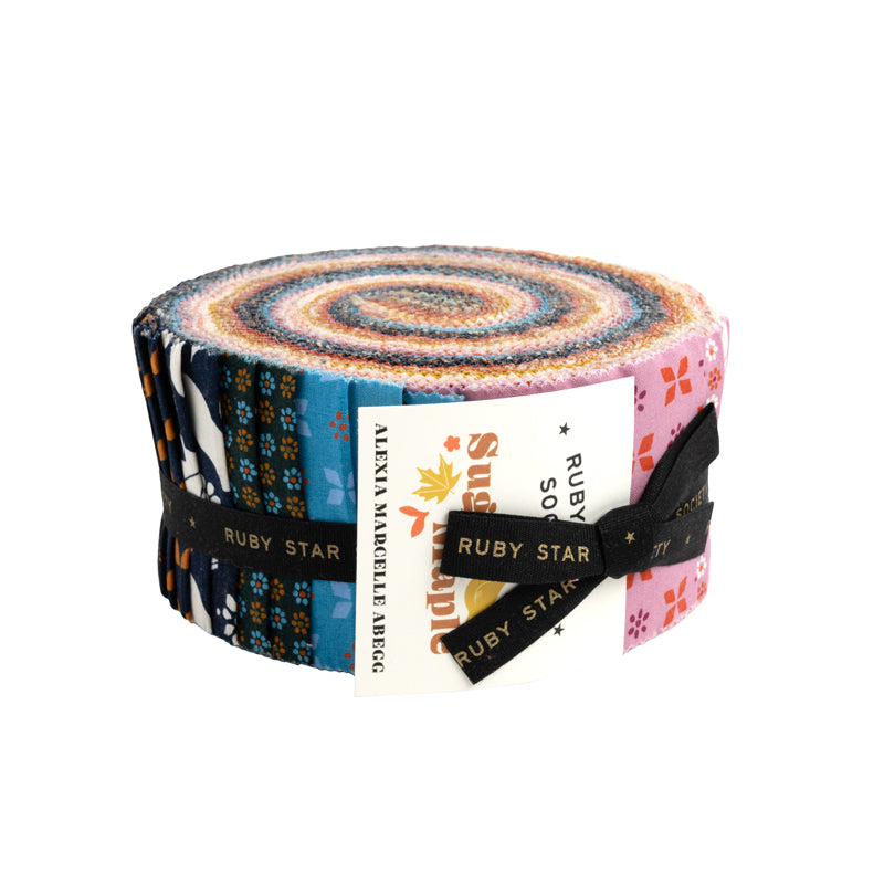 Ruby Star Society Sugar Maple Jelly Roll. Earthy Palette with pops of pink designed by Alexia Abegg.