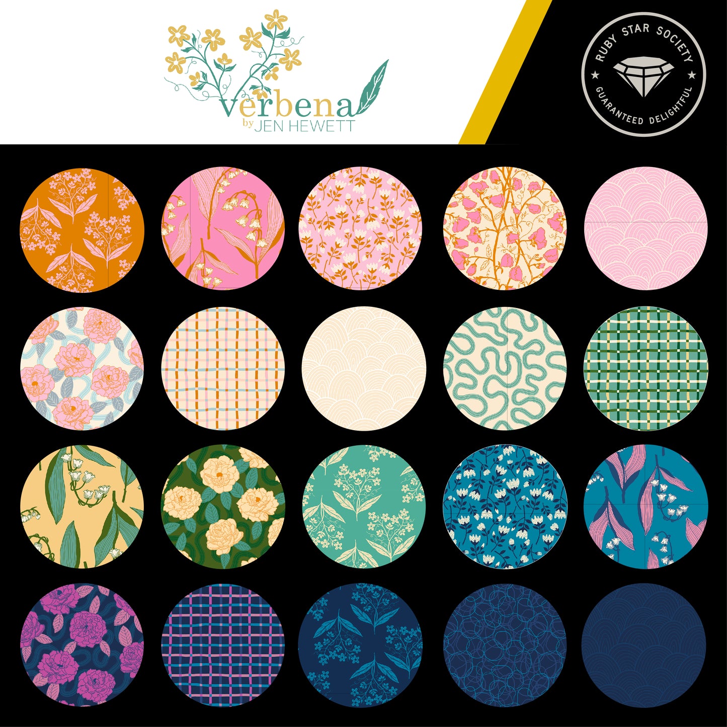 verbena charm pack by jen hewett for ruby star society, floral prints in pink, purple and navy