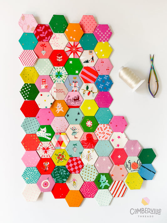 English paper pieced hexagons for a Christmas stocking