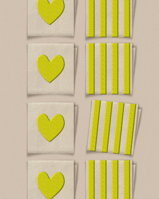 Matchy Matchy Sewing Club - Citron Heart and Stripe Square Garment Labels: Set of8