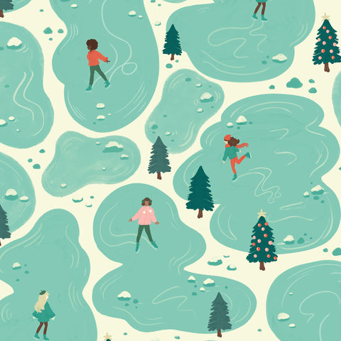 Illustration of people skating on a frozen lake with trees and snow.