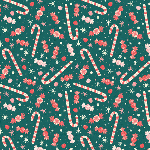 Pattern of candy canes, stars, and other festive elements on a green background