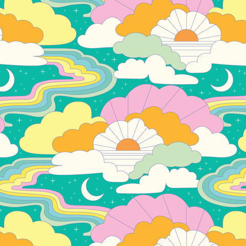 Cloud9 High in the Sky Cosmic Skyway Turquoise organic cotton fabric