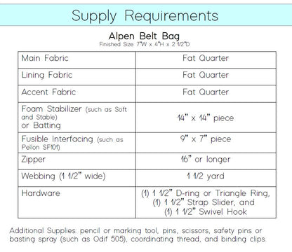 Supply requirements chart for Alpen Belt Bag with listed materials and measurements.
