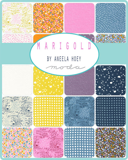 Aneela Hoey Marigold Fabric swatches in white, pink, blue and gold. Floral fabric, bears, text and plaid