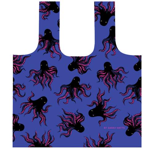 blue shopping bag with black octopi on it