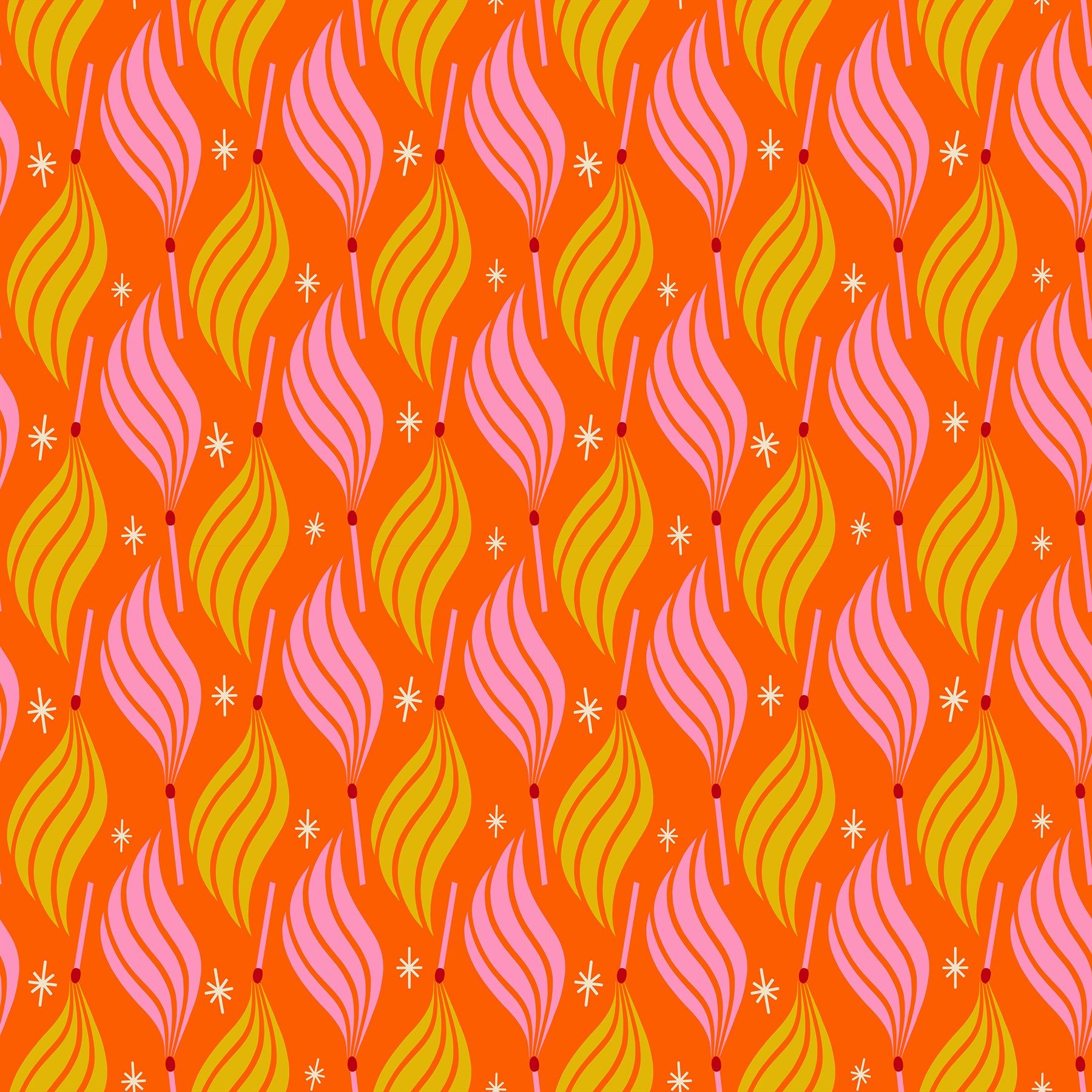 Fabric pattern of wavy flame lines coming from a match in pink and yellow on an orange background