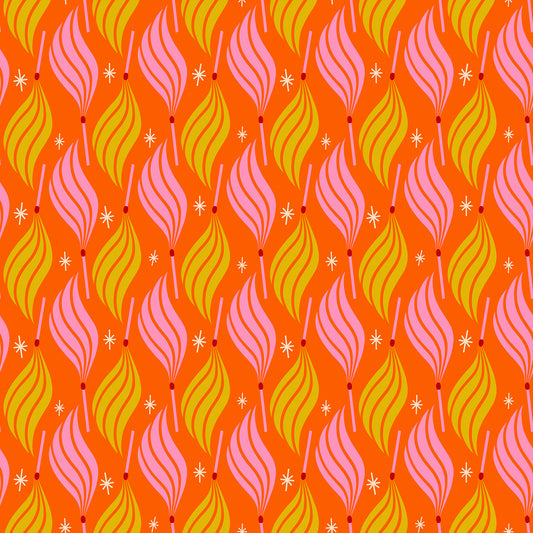 Fabric pattern of wavy flame lines coming from a match in pink and yellow on an orange background