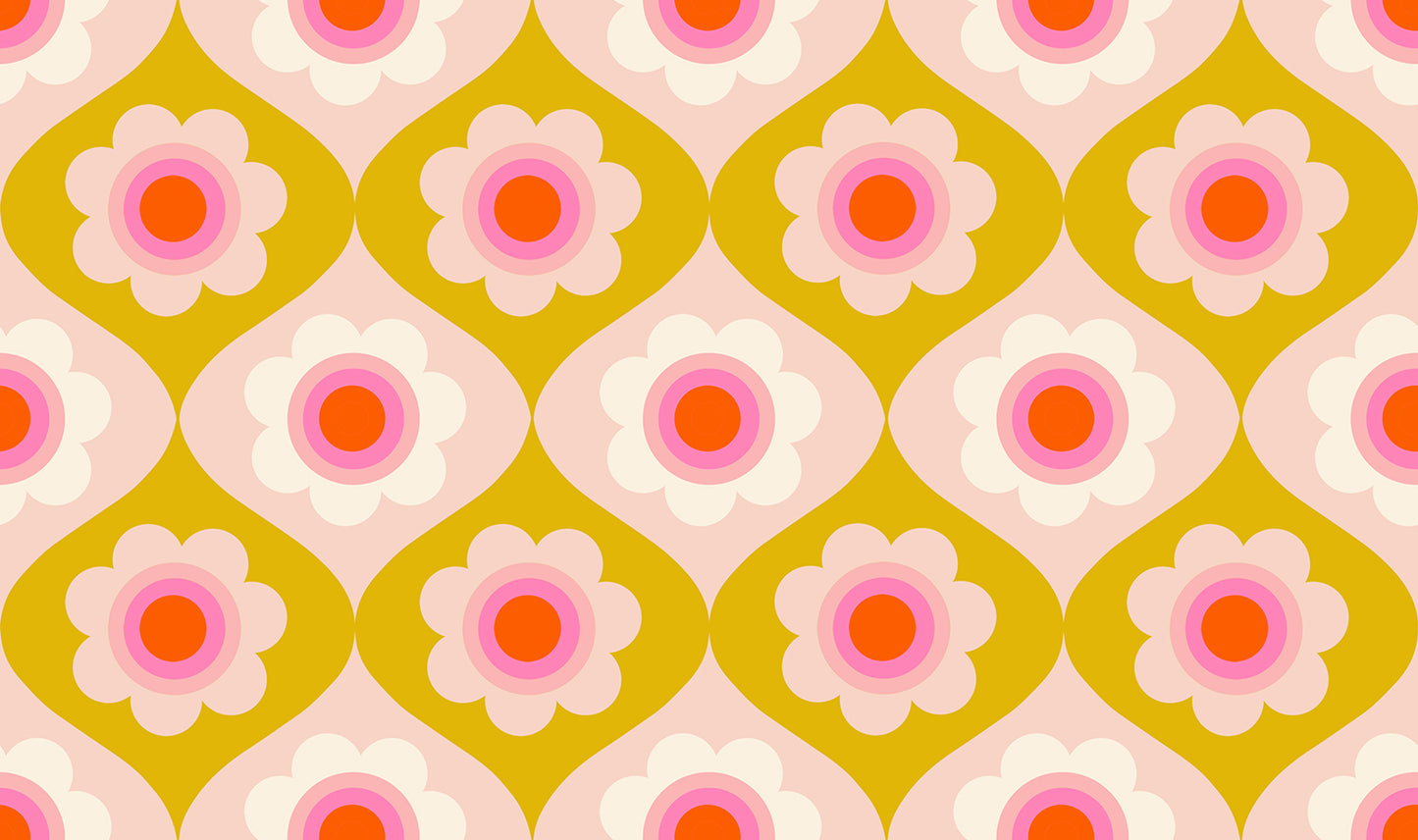 Pattern of pink flowers with orange centers on a mustard background