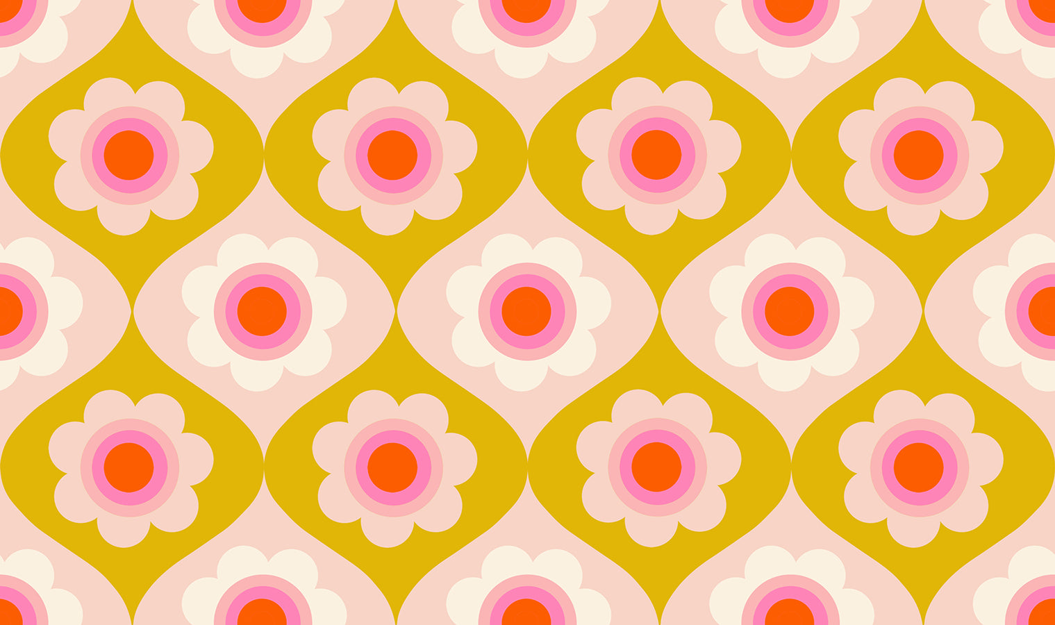 Pattern of pink flowers with orange centers on a mustard background