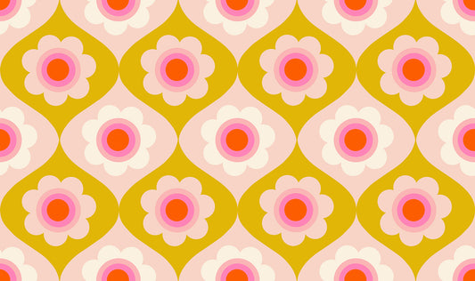 Pattern of pink flowers with orange centers on a mustard background