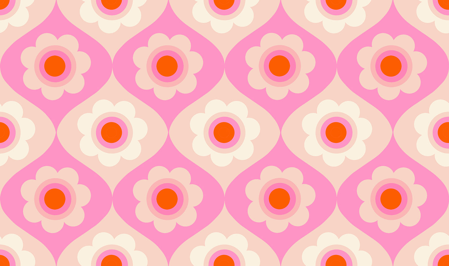 Pattern of flowers with orange centers on a pink background