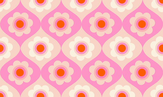 Pattern of flowers with orange centers on a pink background