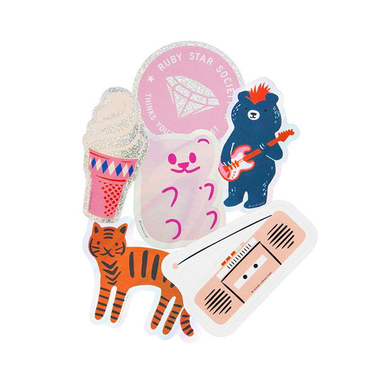 RSS stickers ice cream, gummy bear, tiger, bear, boom box and logo