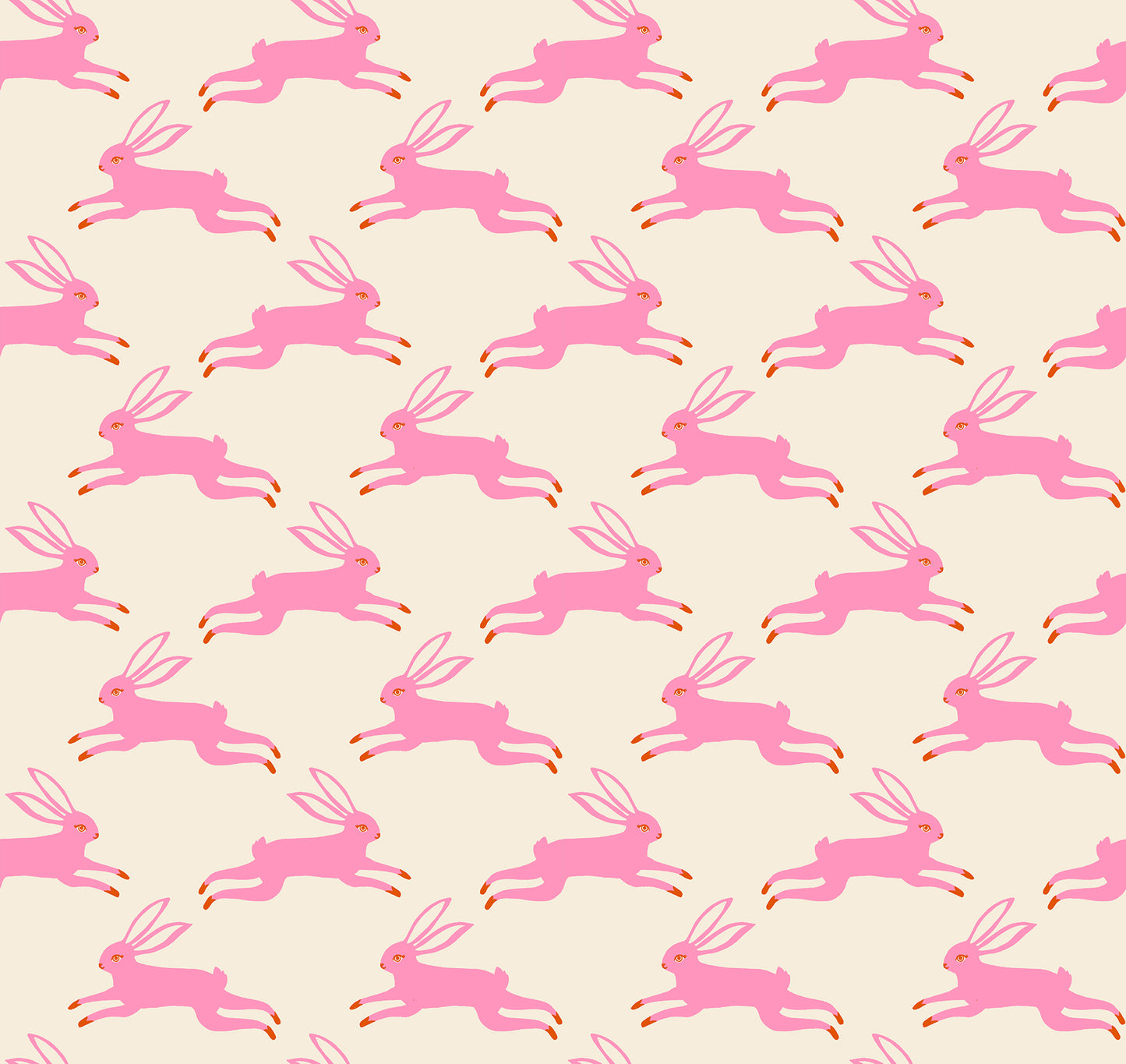 Ruby Star Society Backyard Bunny Run in Flamingo. Pink bunnies jumping on cream background. 