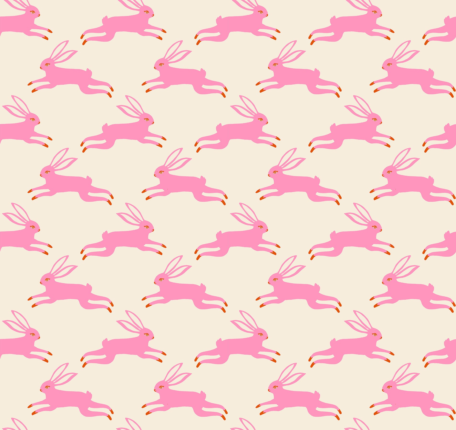Ruby Star Society Backyard Bunny Run in Flamingo. Pink bunnies jumping on cream background. 