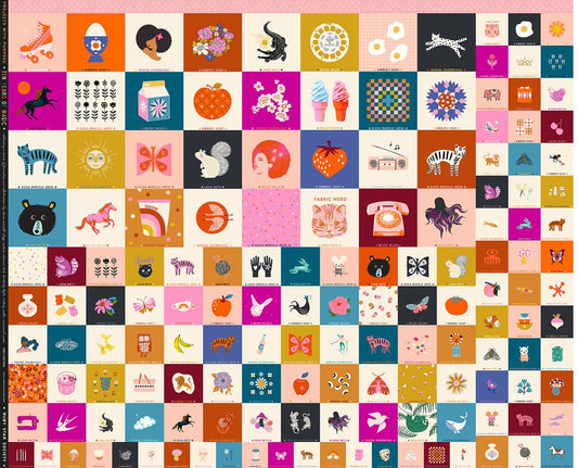 Ruby Star Society Ten Years of Magic Panel. Motifs by Melody Miller, Alexia Abegg, Rashida Coleman Hale, Kim Kight and Sarah Watts. Bears, florals, apples, phones, eggs and other iconic designs in fussy cut squares.  