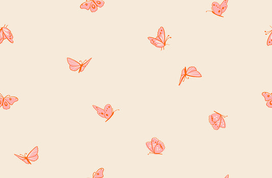 Ruby Star Society Flowerland butterflies in natural. Low volume print with pink butterlies on white. 