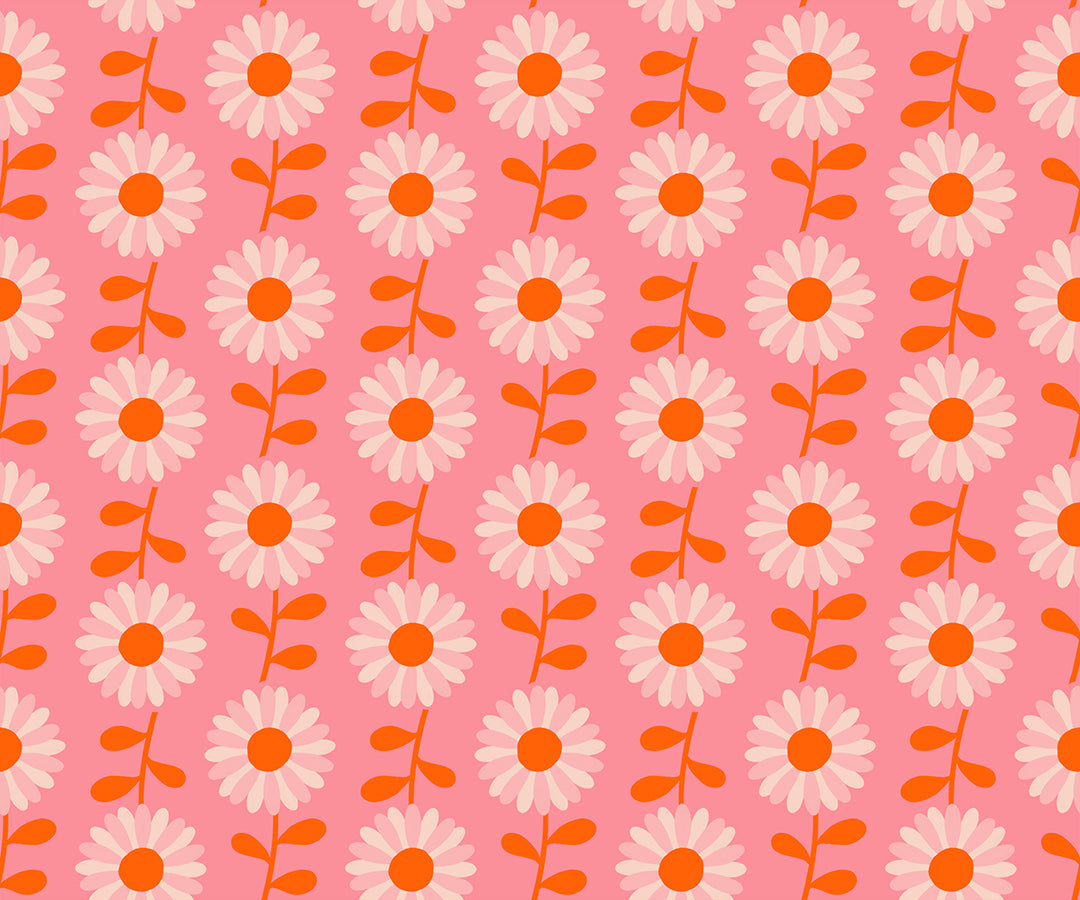 Ruby Star Society Flowerland Field of Flowers in Sorbet. Pink daisies with red stems on pink