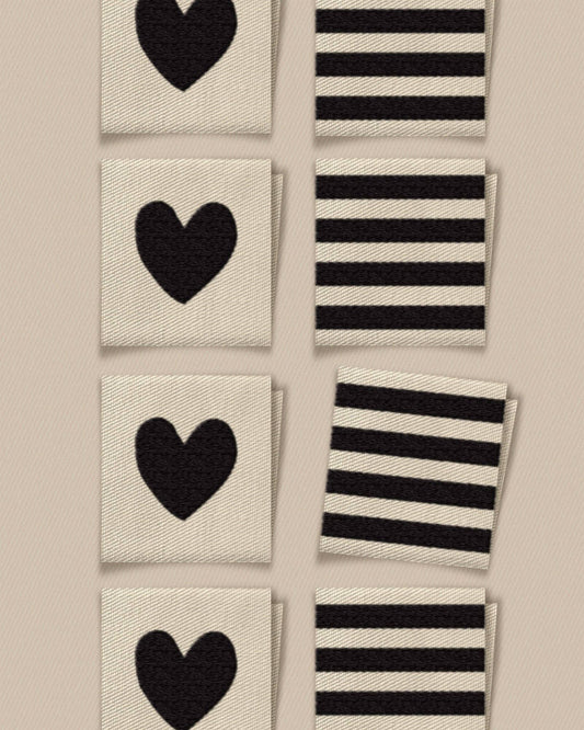 Matchy Matchy Sewing Club - Black Heart and Stripe Square Garment Labels: Set of8