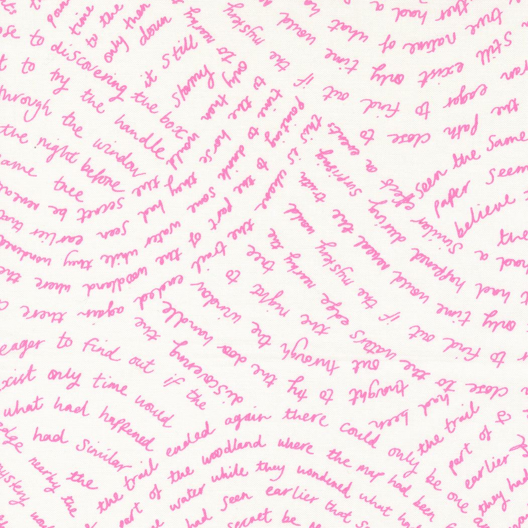 Aneela Hoey Marigold Fabric, pink script text on white