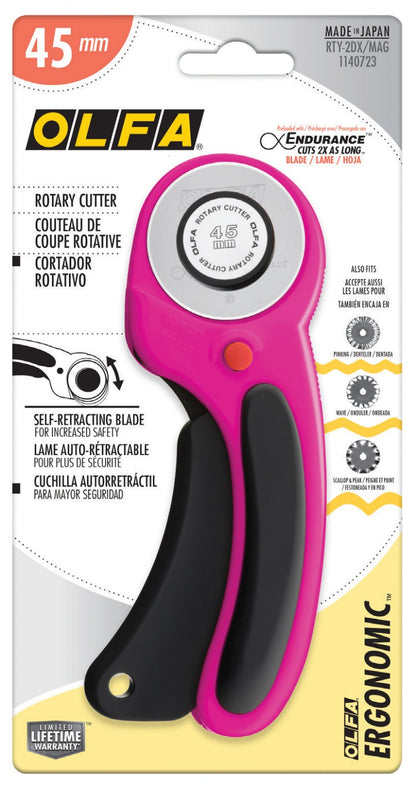 olfa magenta rotary cutter. 45mm rotary cutter in pink