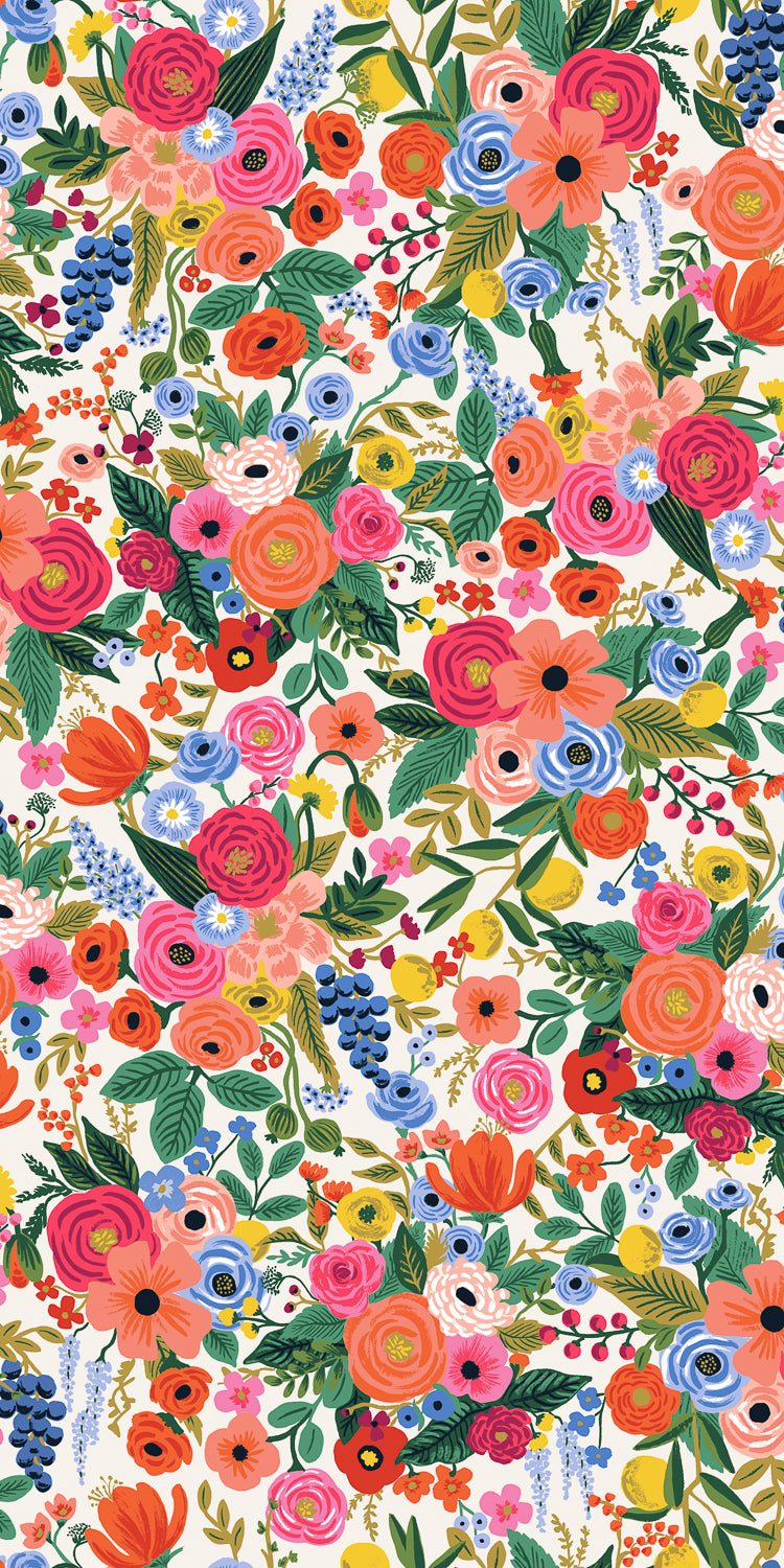 Rifle Paper Company Garden Party in Cream. Bright Bold florals in pink, blue and green on cream background