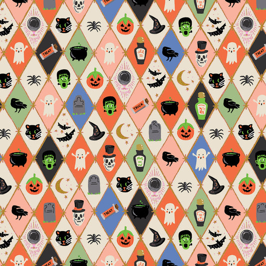 Halloween-themed pattern with icons on a geometric diamond grid background.