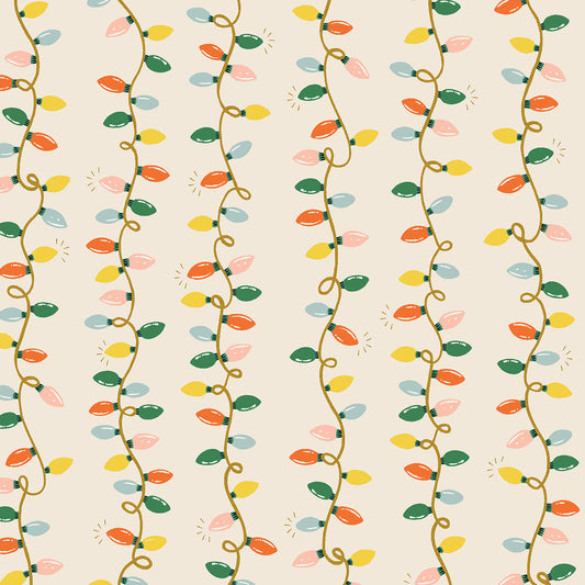 Rifle paper company holiday classics fabric. Holiday lights in red, green, blue, yellow and pink on cream