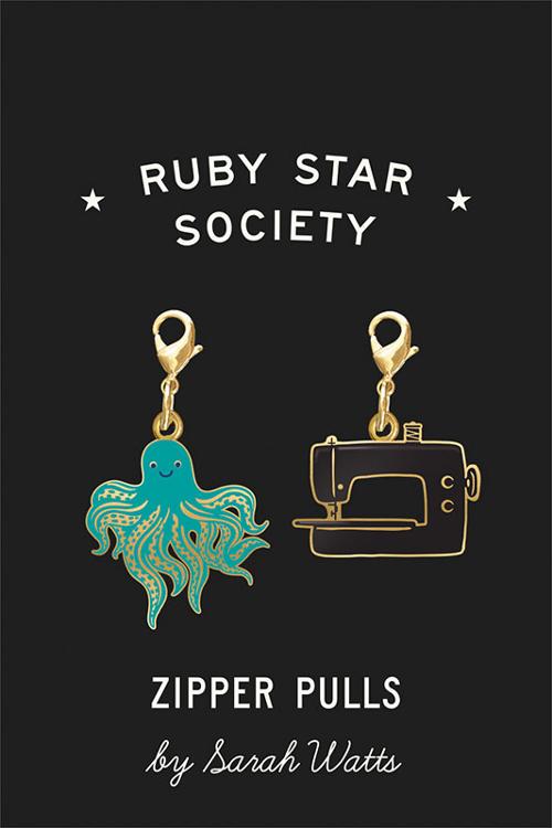 Ruby Star Society Zipper Pulls Sarah Watts, teal octopus and black sewing machine with gold lobster clasp